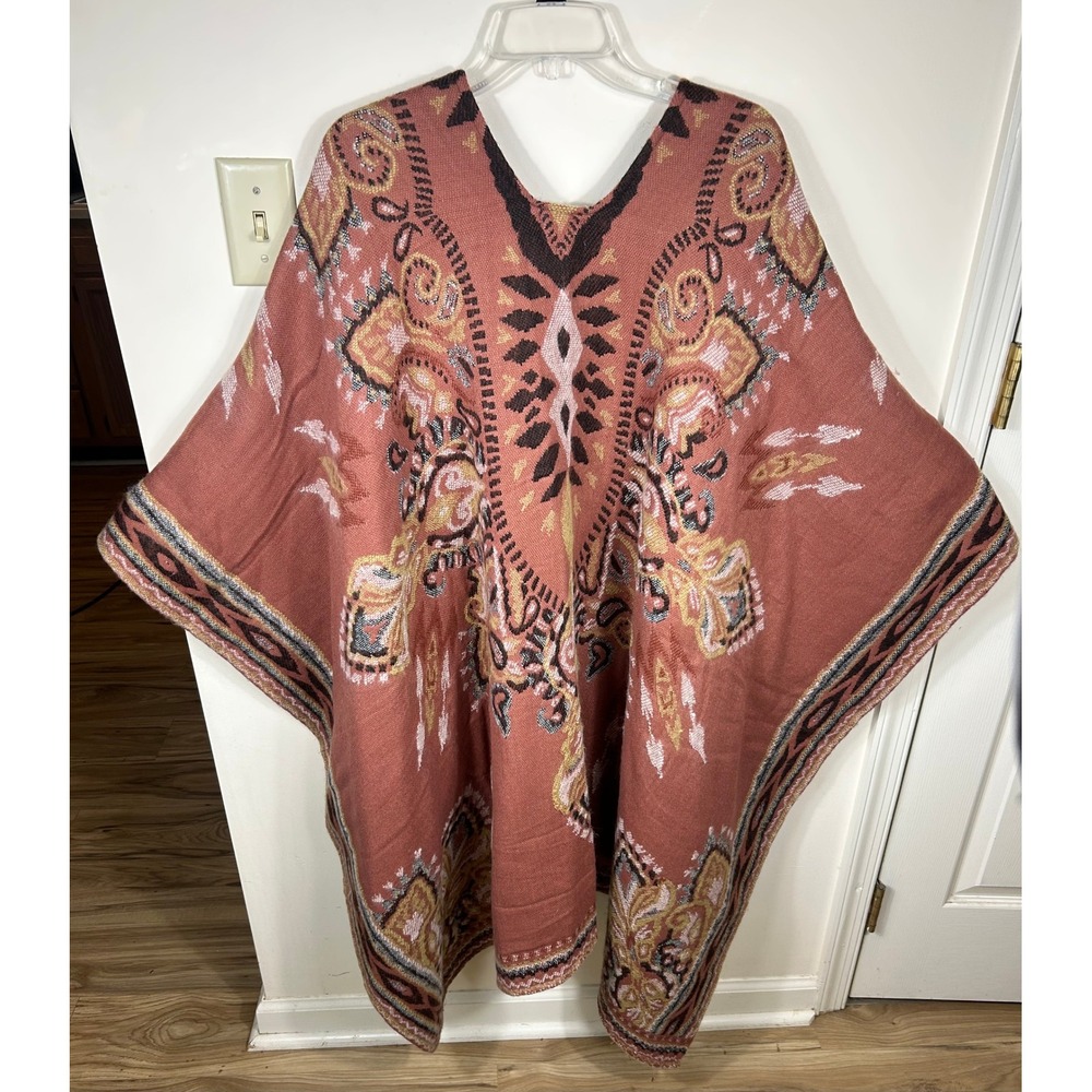 Free People Poncho Women OS Red Southwestern Knit Wrap OpenFront NEW Desert Chic - Picture 2 of 10